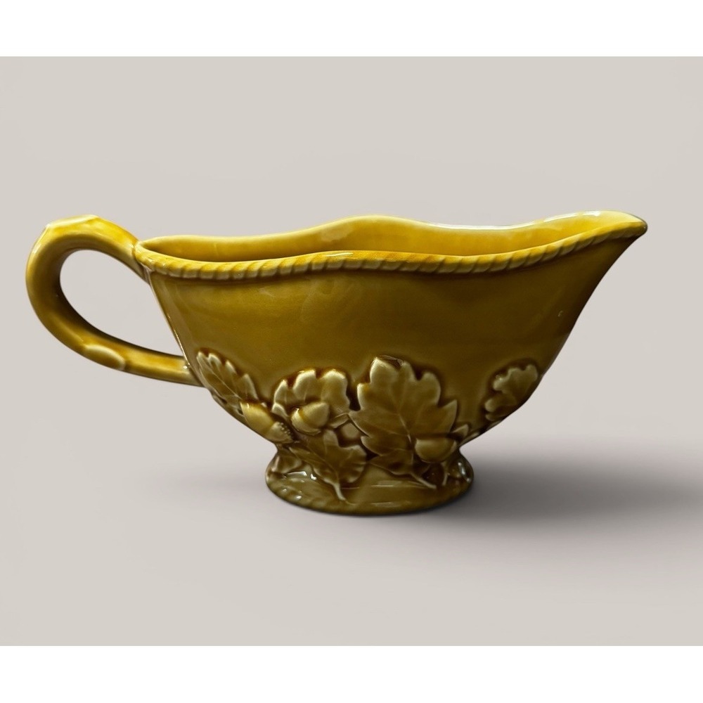 Bordallo Pinheiro Portugal Acorn & Oak Leaf Mustard Yellow Gravy Boat